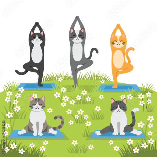 Five cartoon cats practicing various yoga poses outdoors on blue mats in a grassy field with white flowers, showing balance and flexibility.