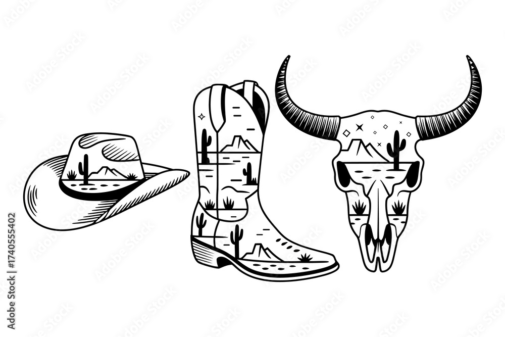 Fototapeta premium Western Desert Club and Retro hat and Cactus Emblem and Boot Vector