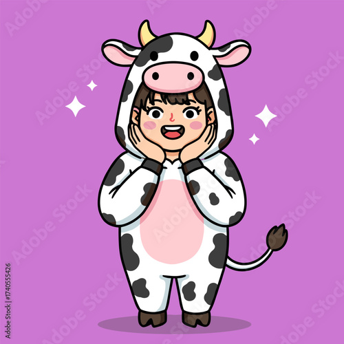 Cartoon person in cow costume with cheerful expression, hands on cheeks, standing on purple background with sparkles.