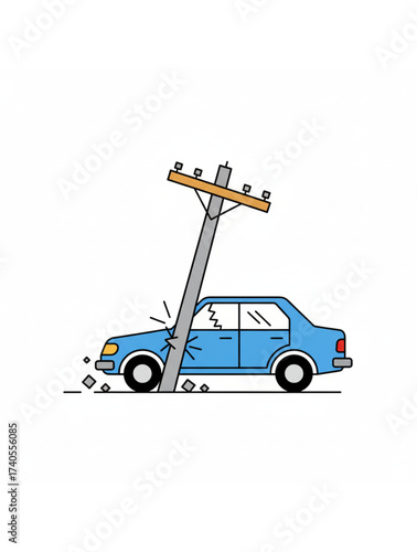 A Simple Line Art Illustration of a Blue Car That Has Collided and Broken a Concrete Utility Pole. 