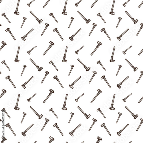 doodle pattern of caliper, colored in shades of gray with a dark brown outline, featuring measuring jaws on the left and a long, straight body extending to the right.