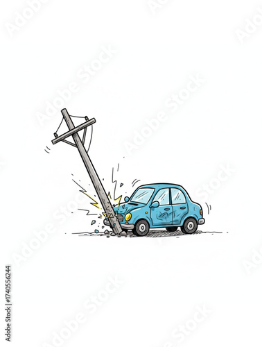 A Hand-Drawn Cartoon Illustration of a Blue Sedan That Has Violently Crashed into a Wooden Utility Pole. 