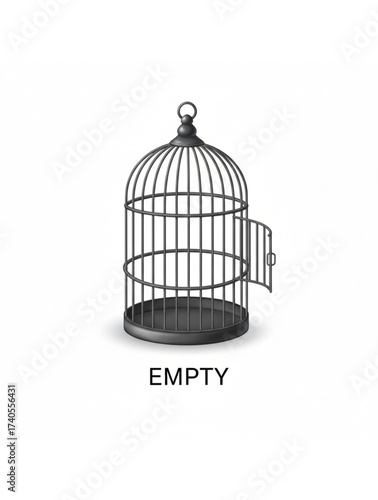 A Realistic Dark Metal Birdcage with its Door Wide Open, Indicating Freedom or Loss, with the Label EMPTY. 