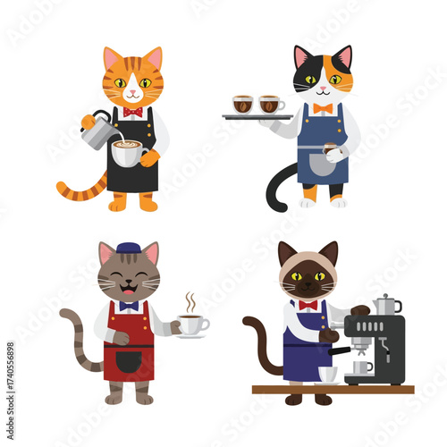 Four cute cartoon cats working as baristas and waiters, serving and preparing coffee with various equipment.