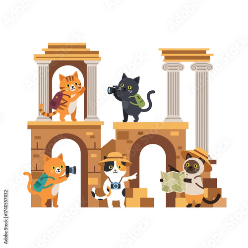 Animated cats exploring ancient ruins, taking photos and enjoying a sightseeing adventure.