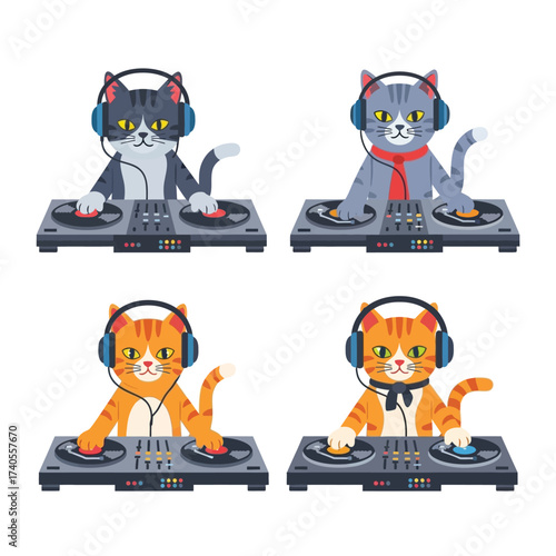 Four cartoon cats with different fur colors wearing headphones and acting as disc jockeys with turntables and mixers.