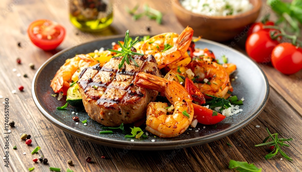 Fototapeta premium Delicious plate of grilled steak, shrimp, tomatoes, and herb garnish