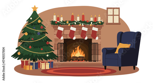 Cozy christmas living room scene featuring a decorated tree and festive fireplace arrangement with