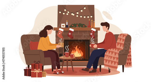 Cozy Winter Fireplace Scene with Couple Celebrating Holiday Warmth and Togetherness