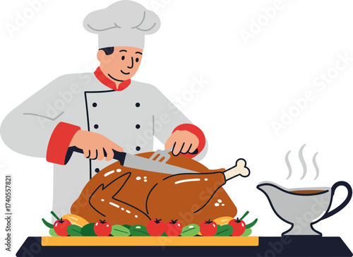 Delightful chef preparing a steaming roasted turkey with fresh vegetables and savory gravy