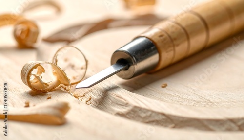 Close-up of Wood Carving with Sharp Chisel and Wood Shavings.