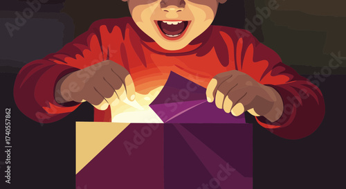 excited child opening a colorful gift box with joy and surprise in a warm indoor setting
