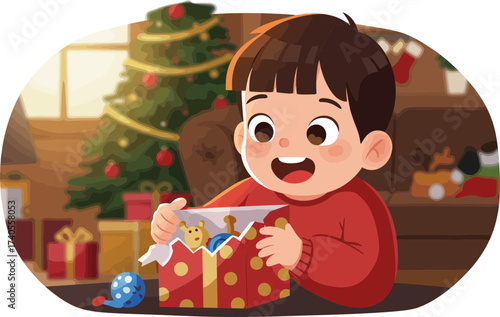 Joyful Child Opening Christmas Gift Surrounded by Festive Decorations and Present Stack