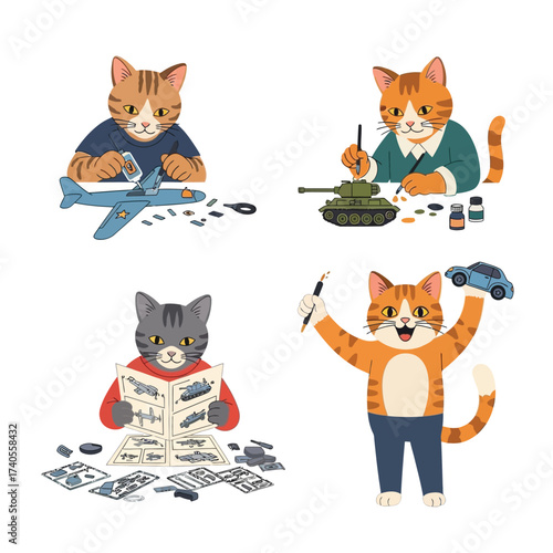 Four cartoon cats engage in model building activities: assembling a plane, painting a tank, reading instructions, and celebrating a finished car.