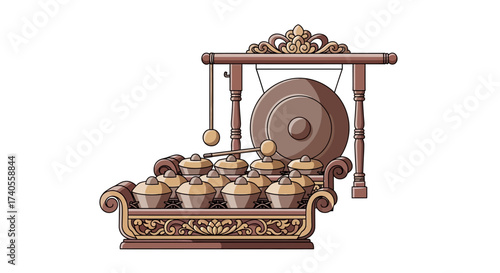 Gamelan Ensemble: Detailed illustration of a traditional Gamelan ensemble, featuring various musical instruments, capturing the essence of Indonesian culture and its rich musical heritage.