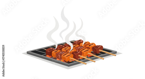 Grilling Skewers: Juicy grilled skewers sizzle above glowing coals, releasing fragrant wisps of smoke, an appetizing display of culinary perfection, enticing the senses and creating a craving.
