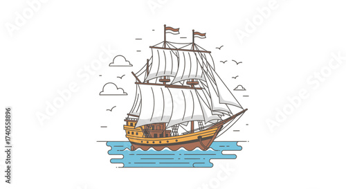 Sailing Ship: An illustrated depiction of a classic sailing ship, navigating the open sea under a partly cloudy sky. 