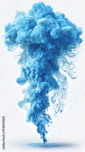 Blue smoke plume billows against a bright, blank backdrop
