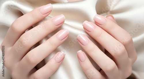 ナチュラルなピンクネイルの手元クローズアップ