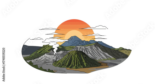 Mountain Sunset: A serene landscape depicts the grandeur of mountains under a vibrant sunset, blending nature's beauty with the simplicity of art.