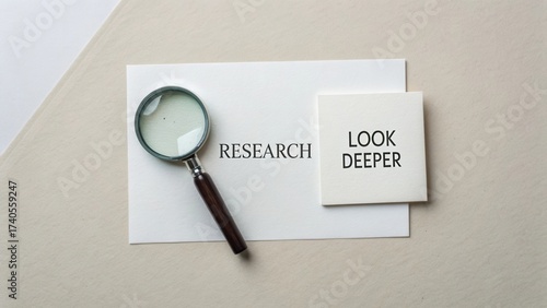 Close-up view of a magnifying glass over cards with keywords emphasizing the importance of research and deeper analysis
