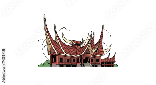 Magnificent Traditional Architecture: A meticulously illustrated rendition of a remarkable traditional structure, showcasing distinctive architectural elements and cultural heritage.