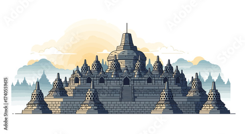 Ancient Indonesian Temple: Witness the grandeur of an ancient Indonesian temple, its layered structure reaching towards the heavens, set against a backdrop of a serene sky.