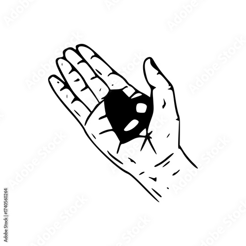 palm and heart shape shadow: esoteric hand drawn illustration
