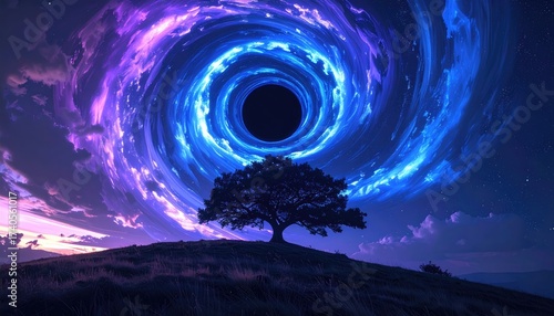 Cosmic portal above tree silhouette