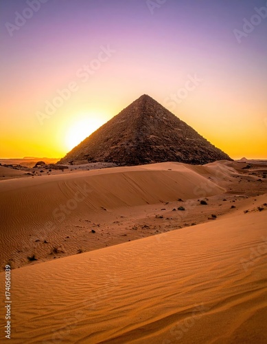 Sunset over pyramid in sandy desert