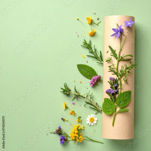 Flowers and herbs on pale green field