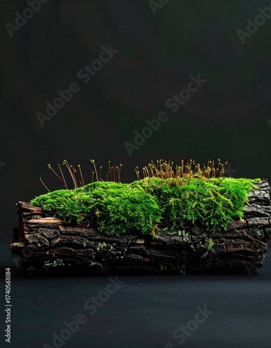 Moss grows atop a rough, dark log