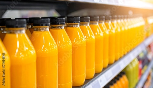 Rows of Fresh Orange Juice Bottles on a Supermarket Shelf.