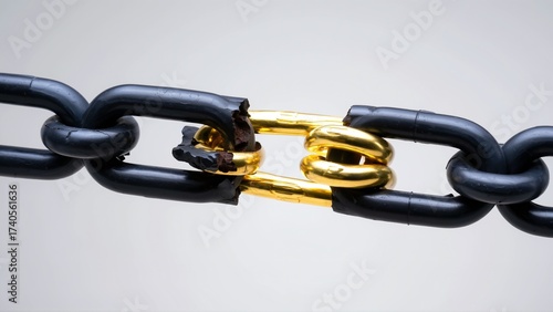A broken black chain is held together by a gleaming golden link, symbolizing resilience and strength in adversity.