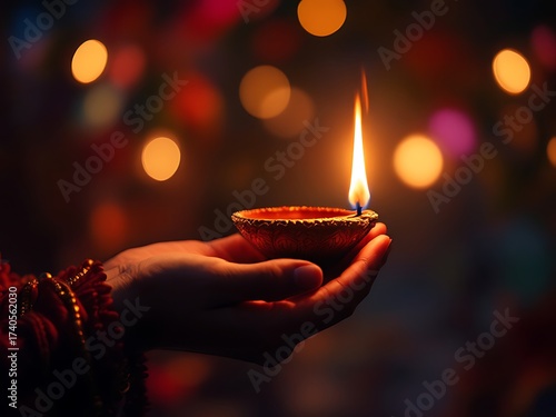 Close-up of hands holding a traditional Diwali oil lamp with bright flame in the dark, symbolizing light, spirituality, and cultural celebration