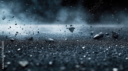 Flying rocks on dark, smoky ground