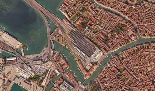 Venice, Italy: High-Resolution Aerial View of the Iconic Water City and Canal Network