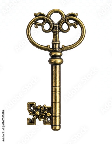 Antique brass skeleton key with decorative head on a white background