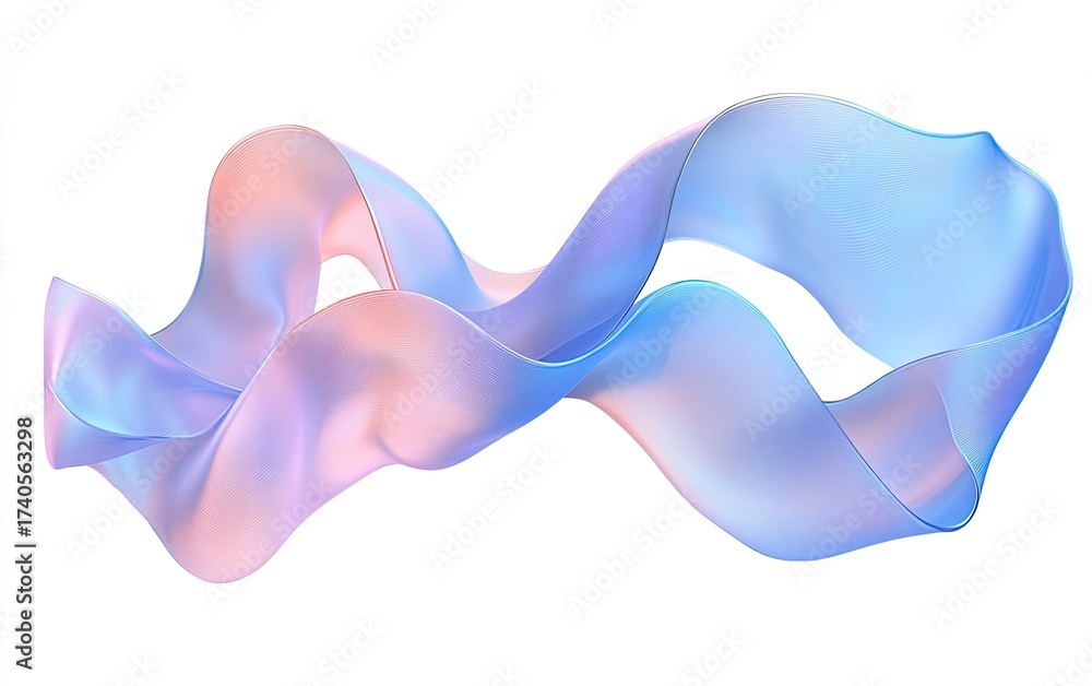 Obraz premium Ethereal iridescent fabric flowing in a gentle wave on white background.