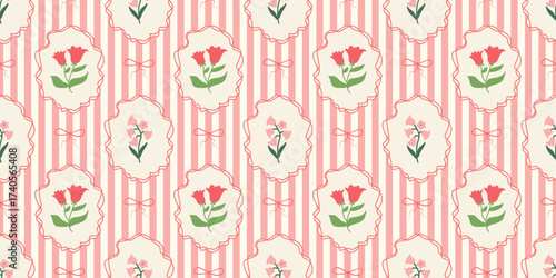 Stripes seamless pattern with hand drawn flower in ribbon frame with bow. floral elegant background. Perfect for decor, fabric, textile, wallpaper