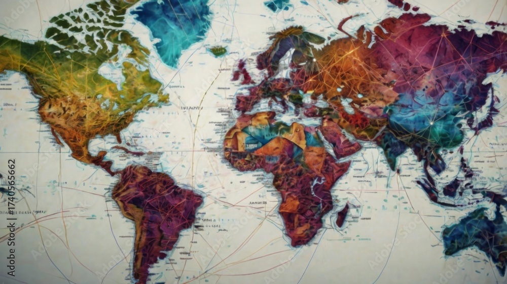 Naklejka premium Colorful Artistic World Map with Abstract Design and Geographic Details for Creative Projects and Educational Use