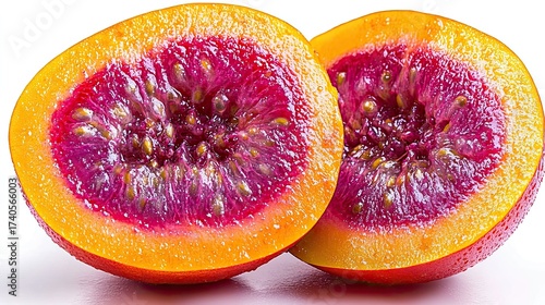 Two halves of a fresh ripe cluster fig showing its vibrant pink interior and seeds on a white background.