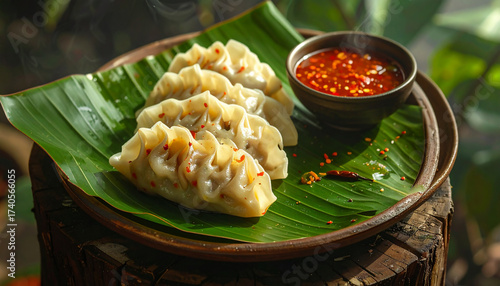 Steamed Momos with Red Chutney on Banana Leaf – Traditional Asian Snack in Earthy Natural Light	