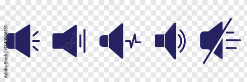 Volume icon set. Sound regulation icon. Vector Blue sound flat icons set. Media player buttons icon set, mute symbol, Silent sign, Low volume, Maximum Volume symbol, No volume different signal levels.