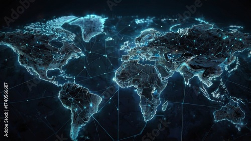 Detailed Global Map Visualization with Network Connections and Bright Light Effects over Dark Background