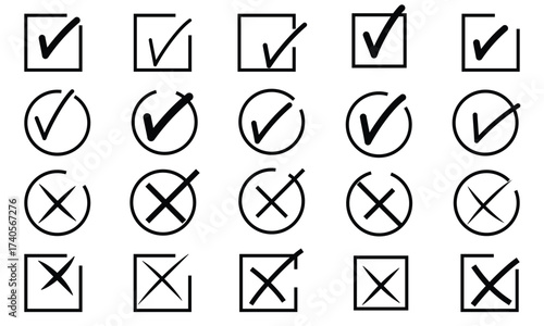 Checkmark Icon Set – Green Tick & Red Cross Buttons, Correct and Wrong Checkbox Symbols, Approval and Checklist Vector Icons