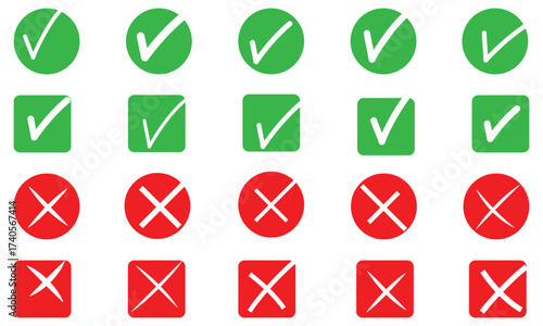 Checkmark Icon Set – Green Tick & Red Cross Buttons, Correct and Wrong Checkbox Symbols, Approval and Checklist Vector Icons
