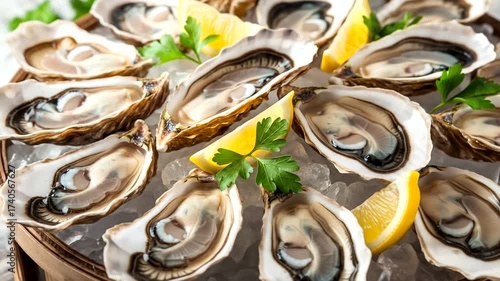 Fresh oysters on ice with lemon and parsley, showcasing a delectable seafood dish.