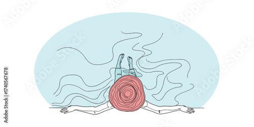 Minimal line art and flat color illustration of a woman wearing a wide-brimmed hat relaxing by the poolside. Top view design representing summer vacation, leisure, travel, and relaxation lifestyle.