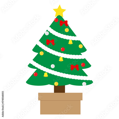 リボンとオーナメントを散りばめたシンプルで可愛いクリスマスツリーのイラスト